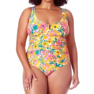 NWT Anne Cole - Floral V-Wire Ruched One-Piece Swimsuit - size 24W
